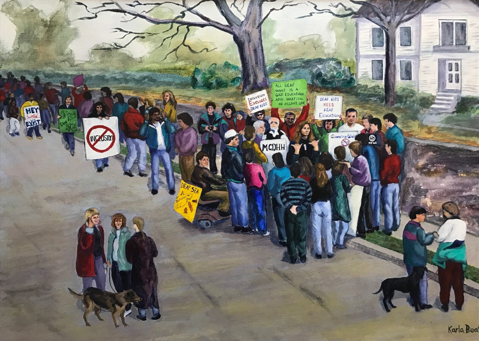 Painting of Deaf community members advocating for Deaf education.